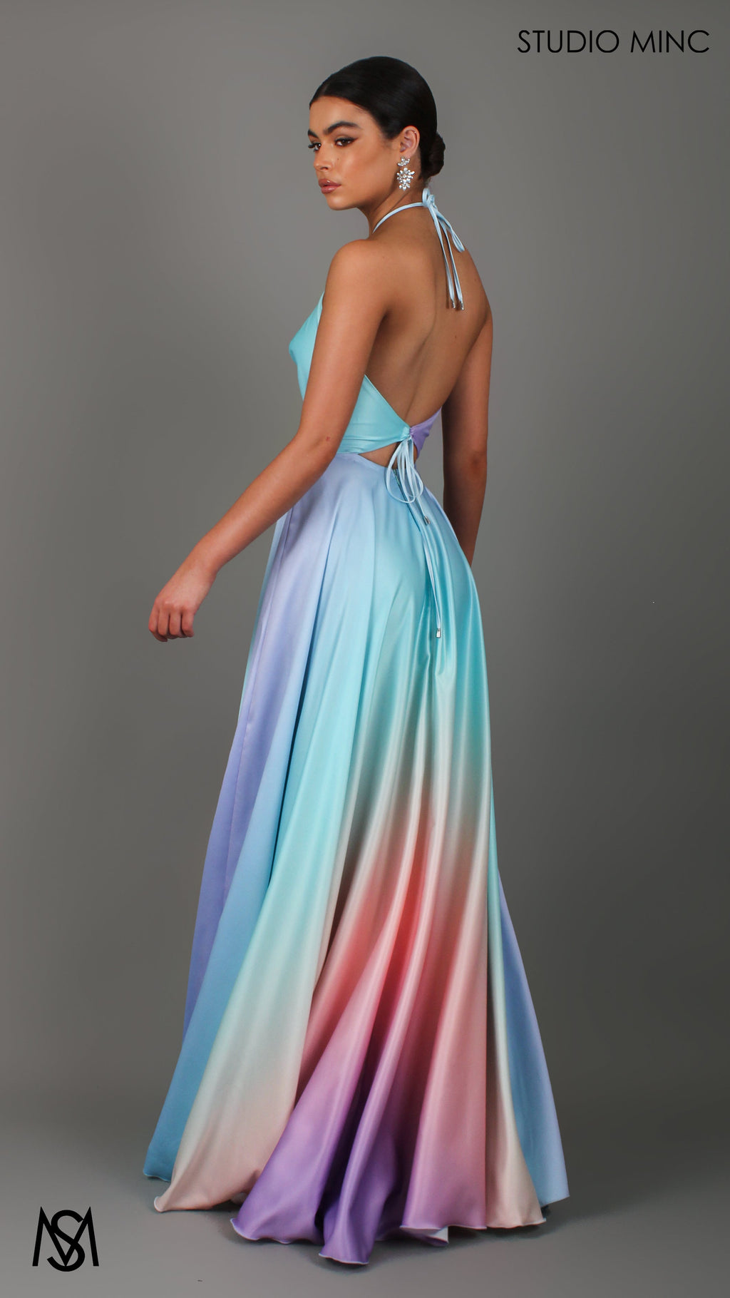 SUNSET BLUE - Blue Multi Colour Formal Dress, Satin High Neck Plunge & Backless