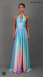 SUNSET BLUE - Blue Multi Colour Formal Dress, Satin High Neck Plunge & Backless