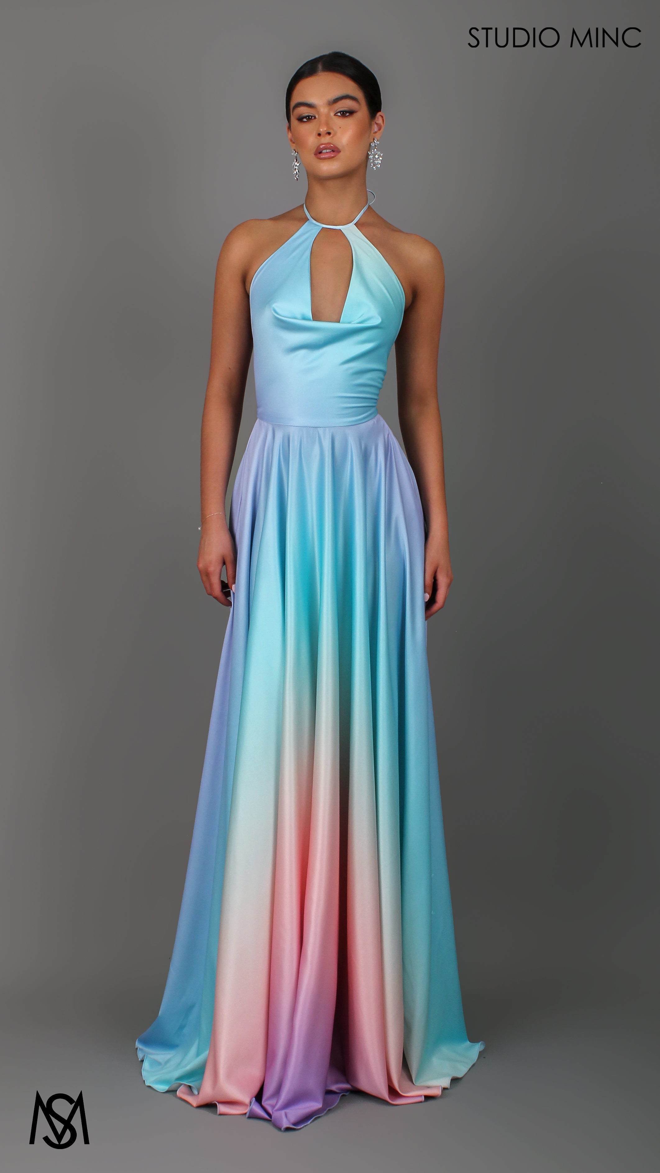 SUNSET BLUE - Blue Multi Colour Formal Dress, Satin High Neck Plunge & Backless