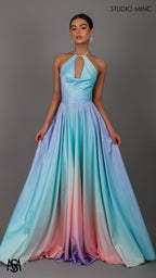 SUNSET BLUE - Blue Multi Colour Formal Dress, Satin High Neck Plunge & Backless