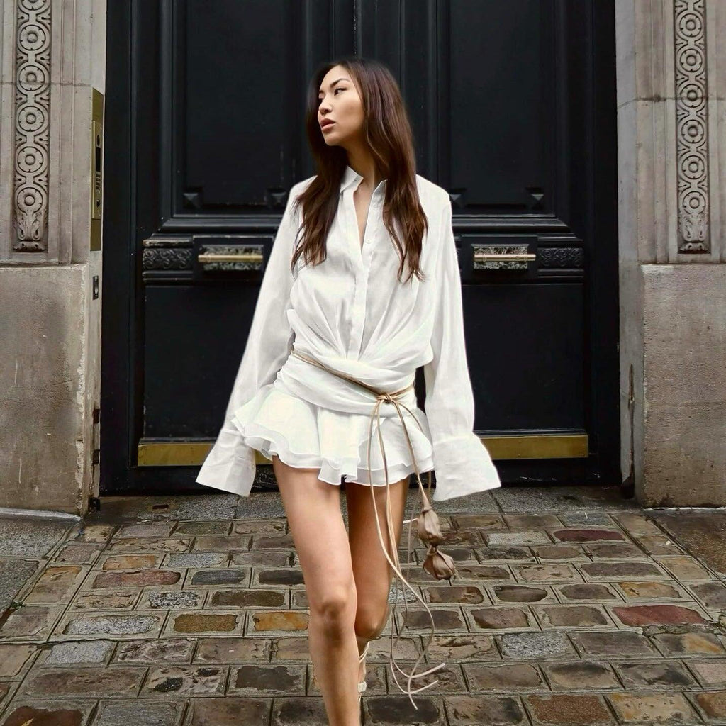 BouChic Pleated Shirt Mini Dress with Floral Belt