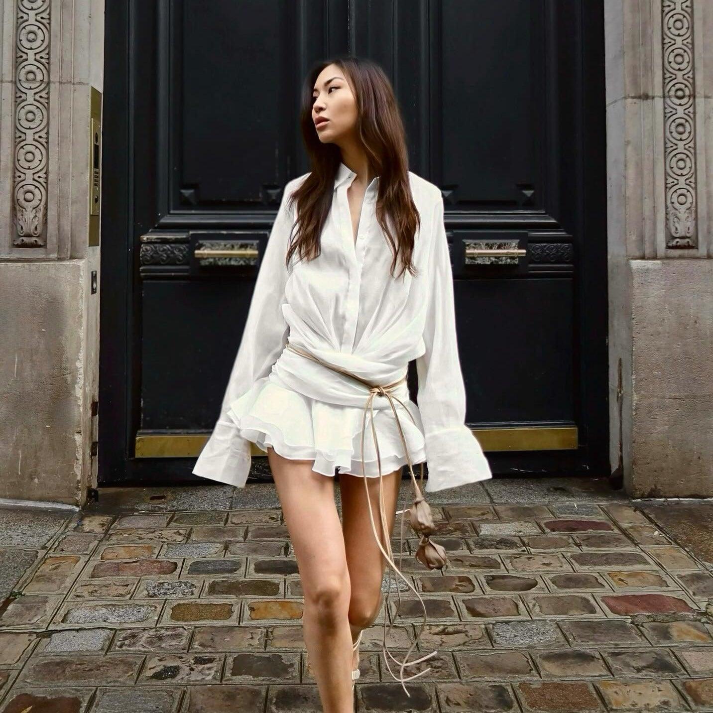 BouChic Pleated Shirt Mini Dress with Floral Belt