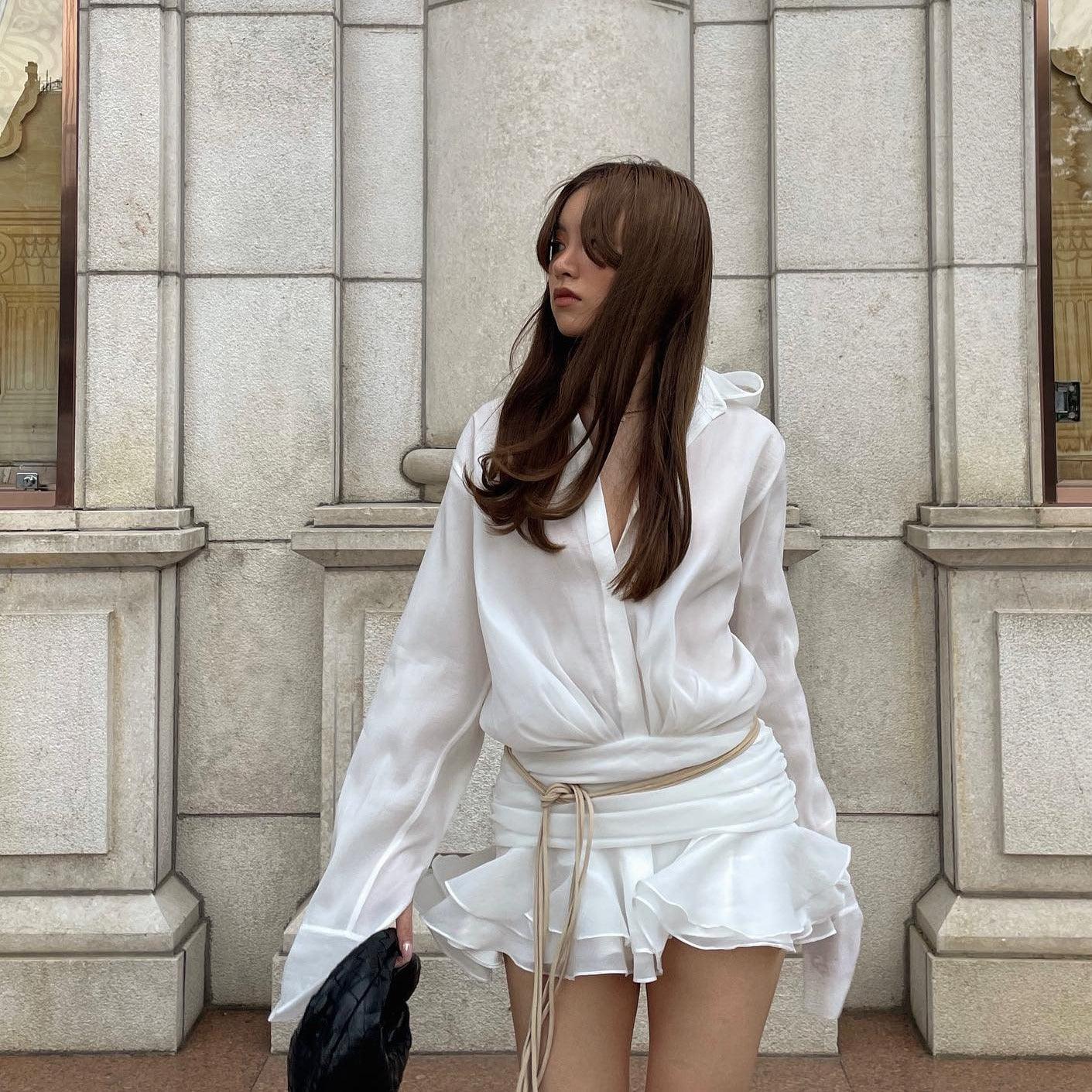 BouChic Pleated Shirt Mini Dress with Floral Belt