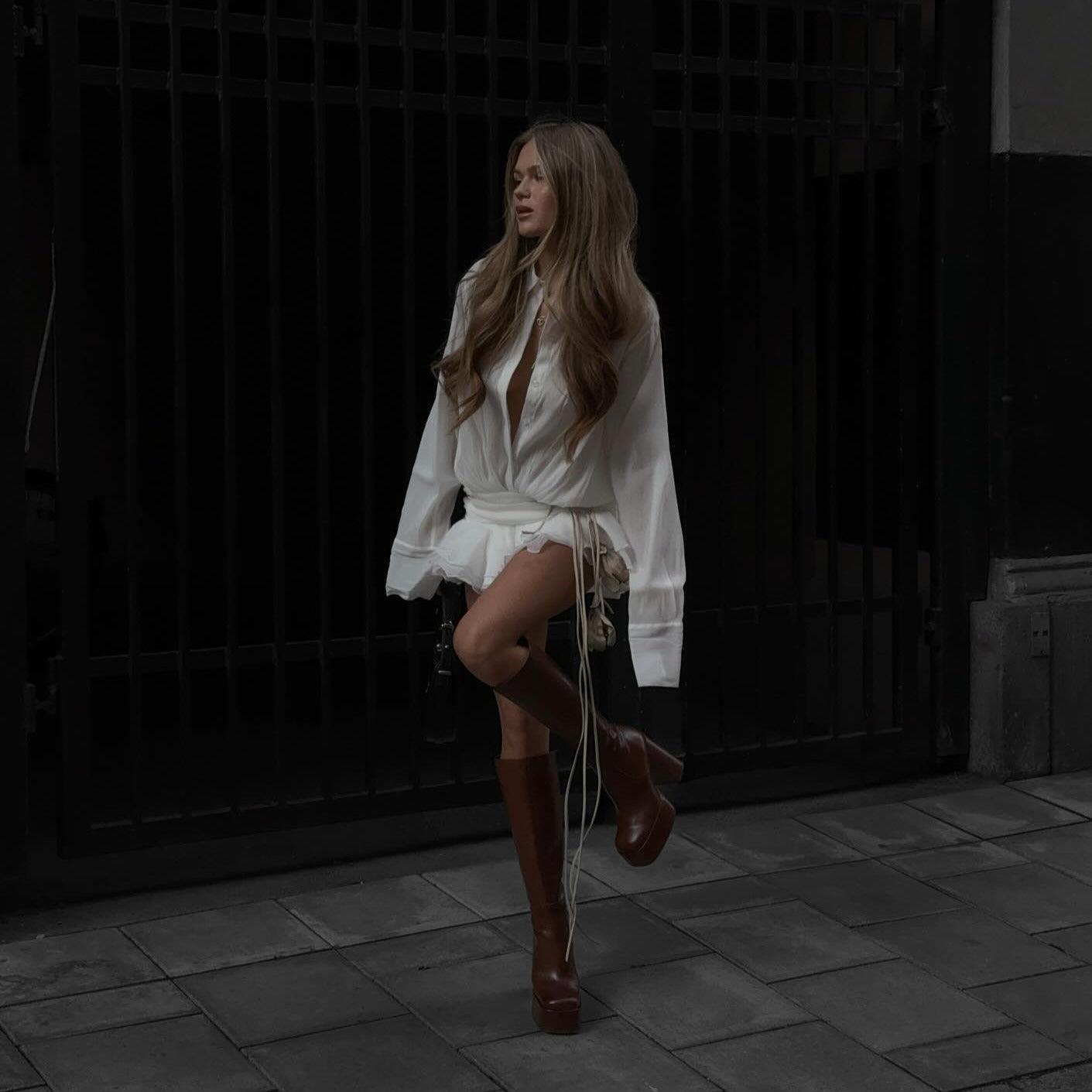 BouChic Pleated Shirt Mini Dress with Floral Belt