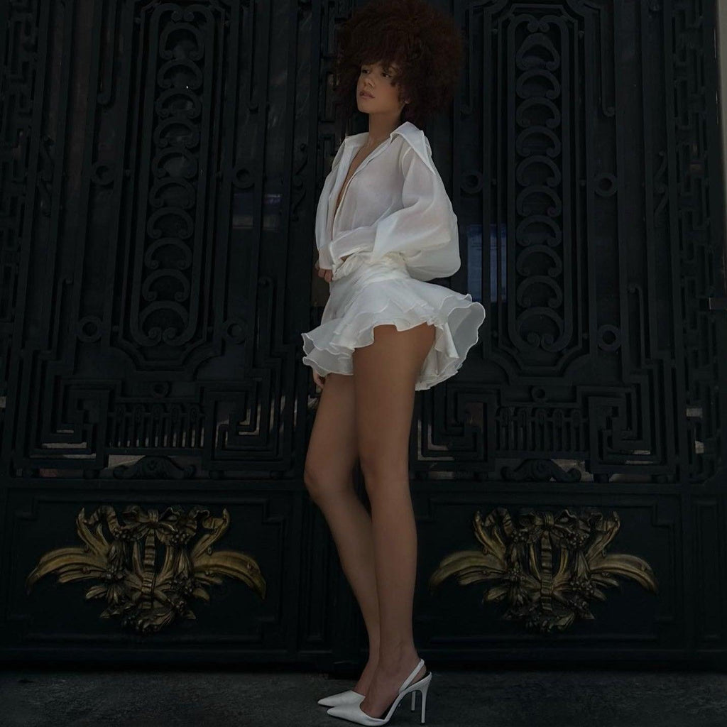 BouChic Pleated Shirt Mini Dress with Floral Belt