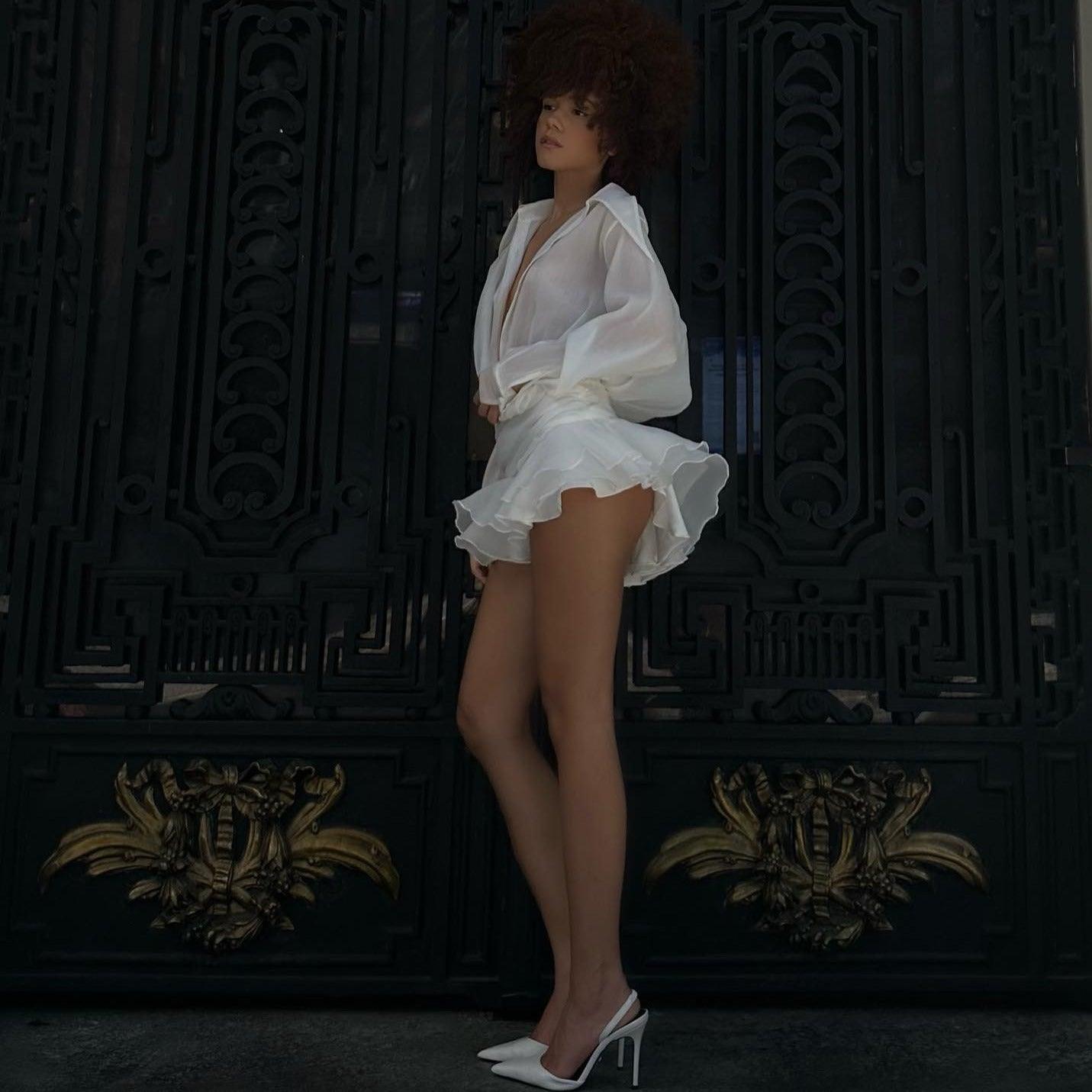 BouChic Pleated Shirt Mini Dress with Floral Belt