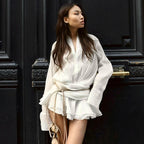 BouChic Pleated Shirt Mini Dress with Floral Belt