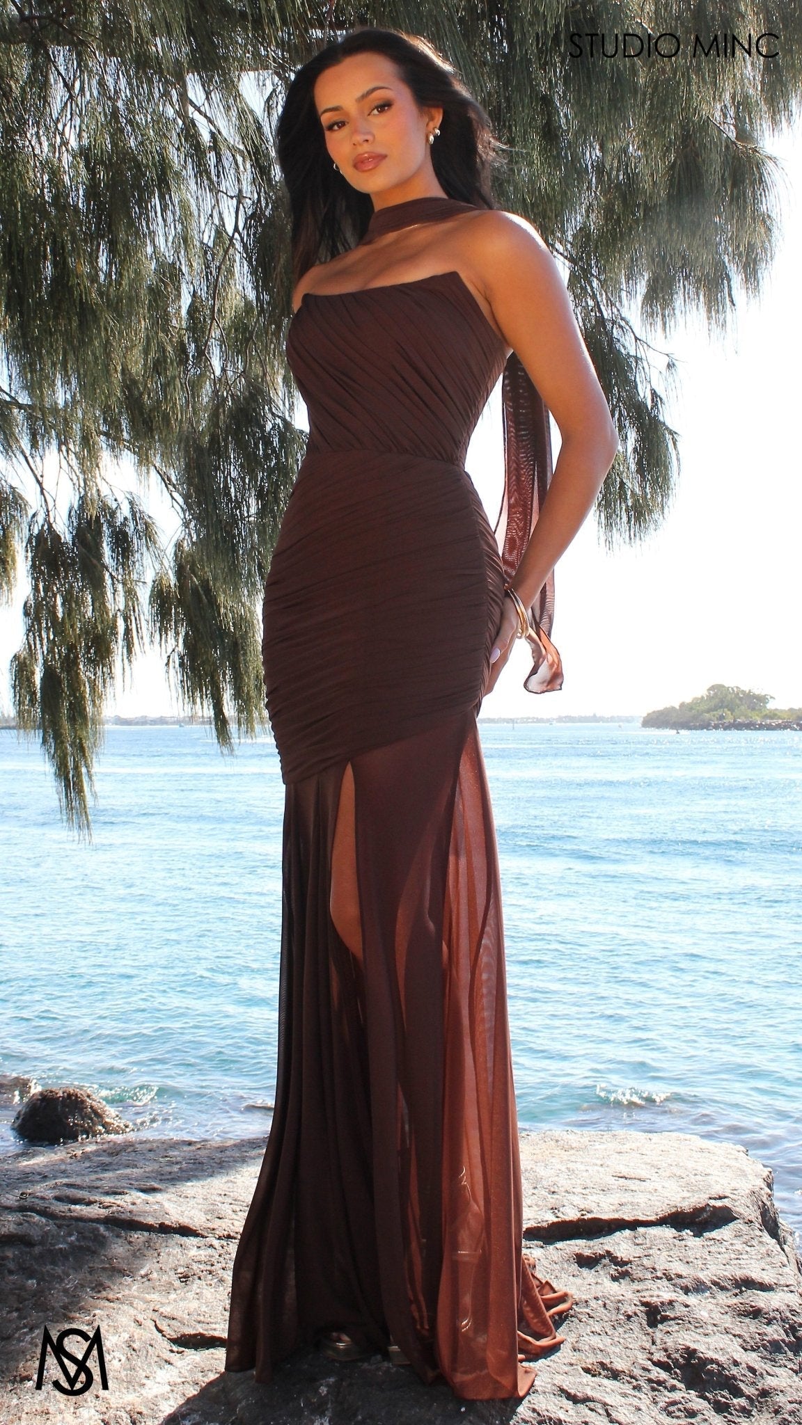 Paloma - Chocolate Brown Formal Dress, Strapless Corset mermaid, Sheer net, with Scarf