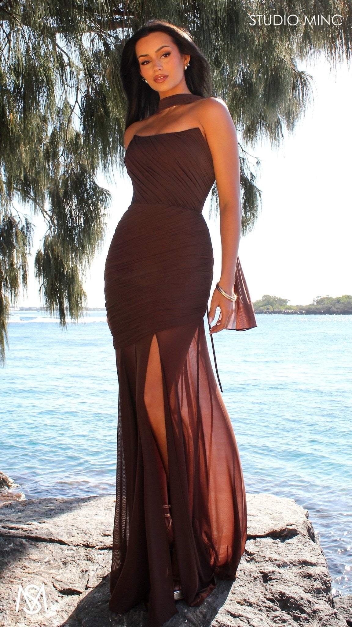 Paloma - Chocolate Brown Formal Dress, Strapless Corset mermaid, Sheer net, with Scarf