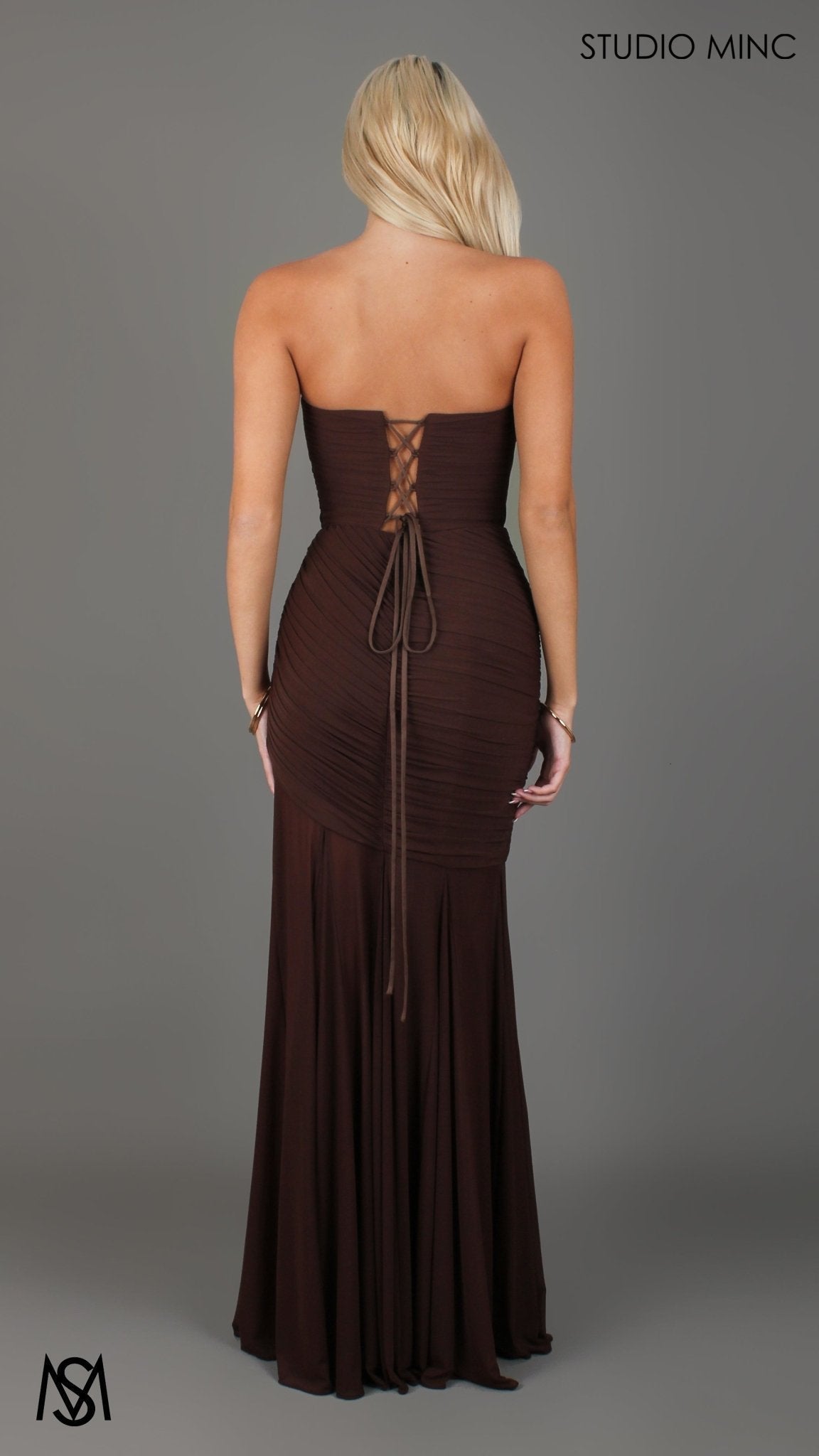Paloma - Chocolate Brown Formal Dress, Strapless Corset mermaid, Sheer net, with Scarf