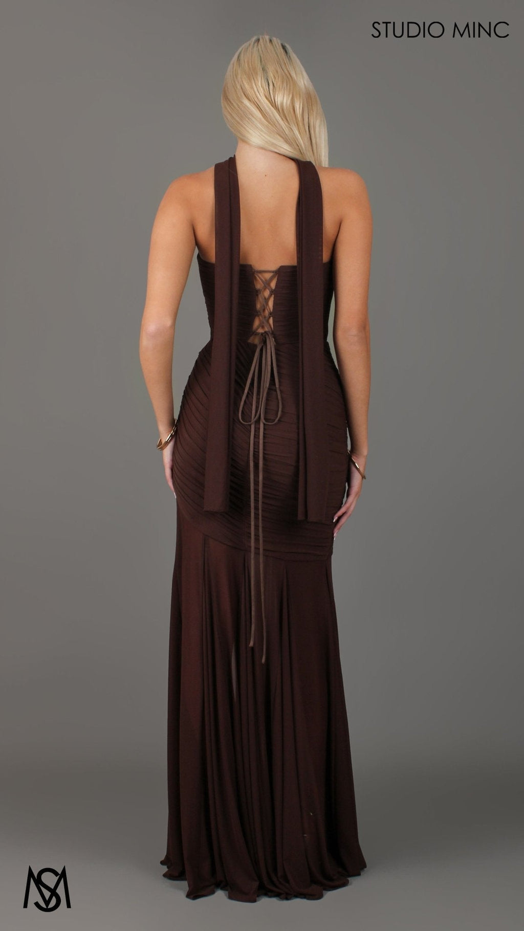 Paloma - Chocolate Brown Formal Dress, Strapless Corset mermaid, Sheer net, with Scarf