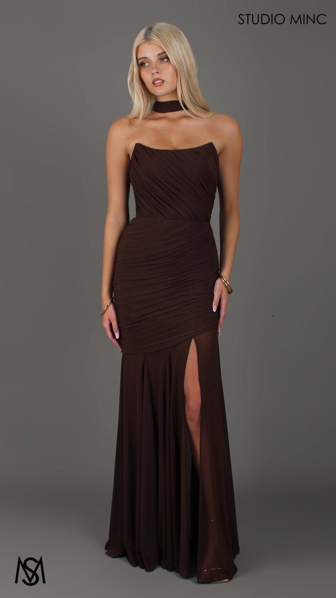 Paloma - Chocolate Brown Formal Dress, Strapless Corset mermaid, Sheer net, with Scarf