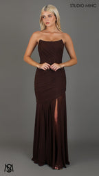 Paloma - Chocolate Brown Formal Dress, Strapless Corset mermaid, Sheer net, with Scarf