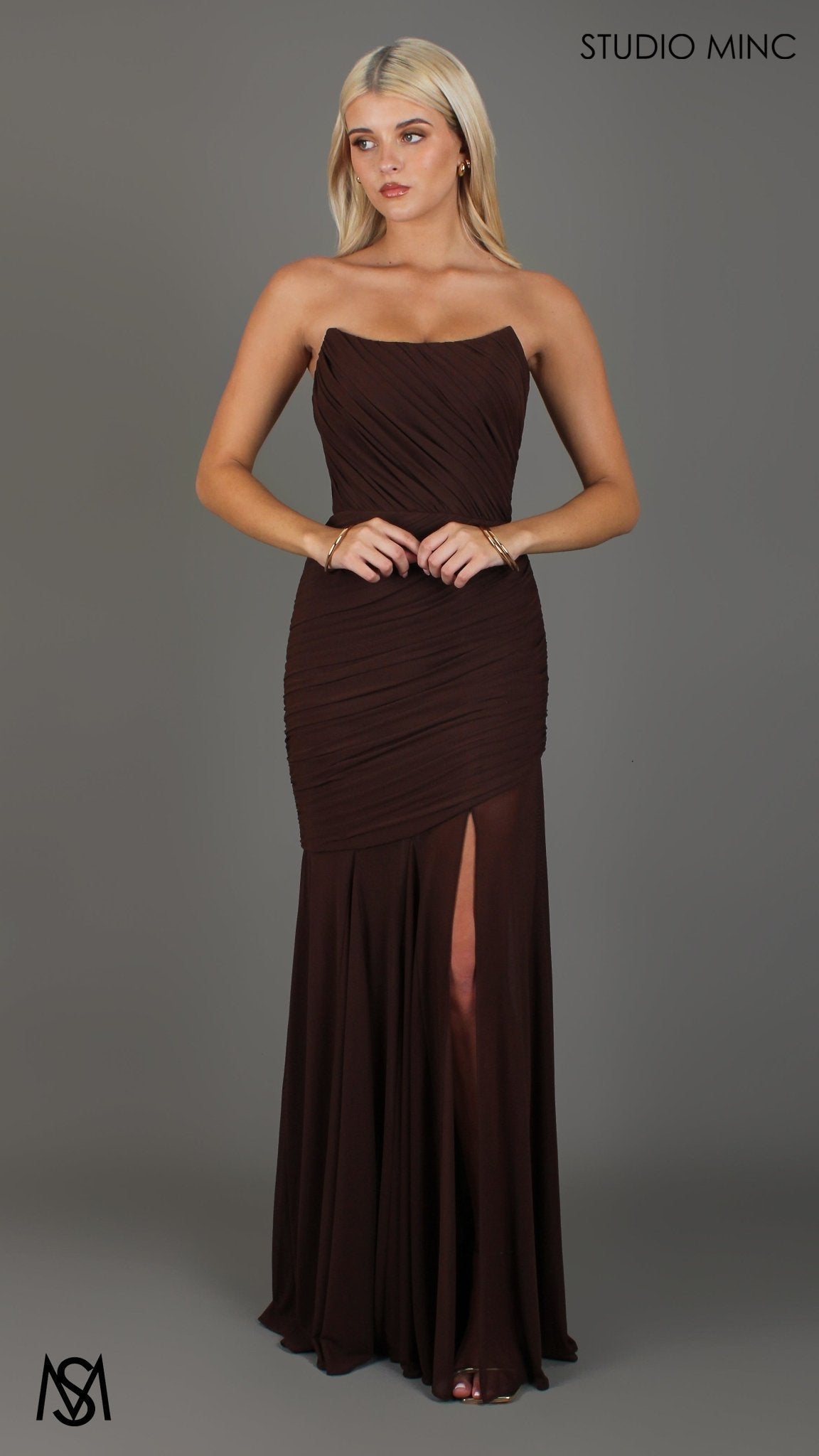 Paloma - Chocolate Brown Formal Dress, Strapless Corset mermaid, Sheer net, with Scarf
