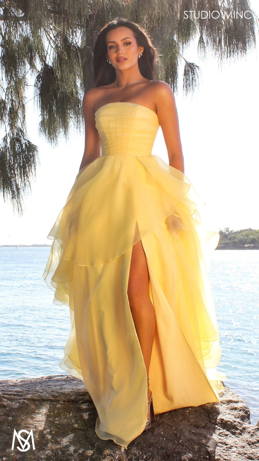 Monaco - Buttercup Yellow Formal Dress | Strapless Corset, organza layered handkerchief skirt, leg slit