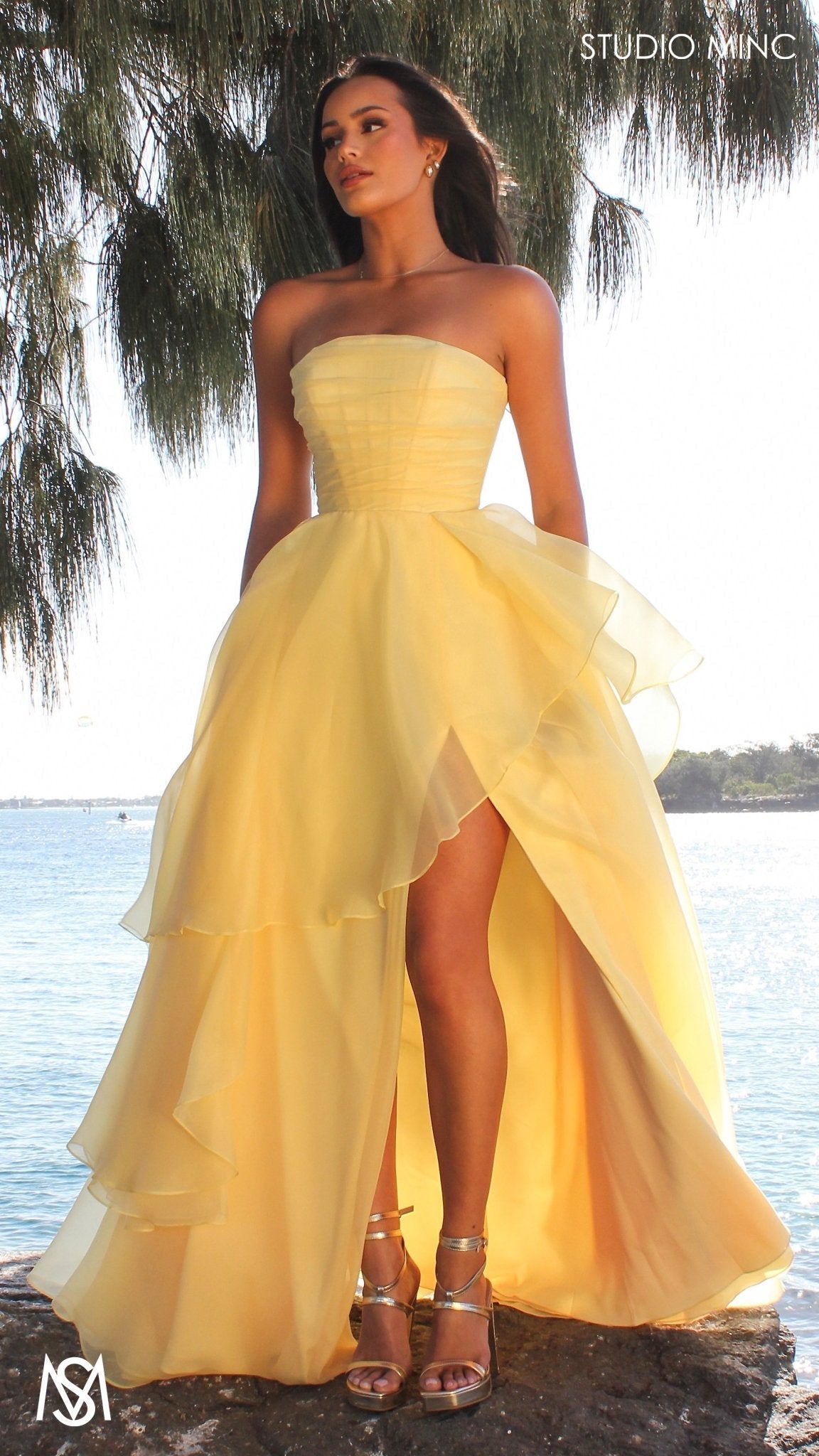 Monaco - Buttercup Yellow Formal Dress | Strapless Corset, organza layered handkerchief skirt, leg slit