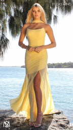 Paloma - Buttercup Yellow Formal Dress, Strapless Corset mermaid, Sheer net, with Scarf