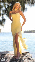 Paloma - Buttercup Yellow Formal Dress, Strapless Corset mermaid, Sheer net, with Scarf