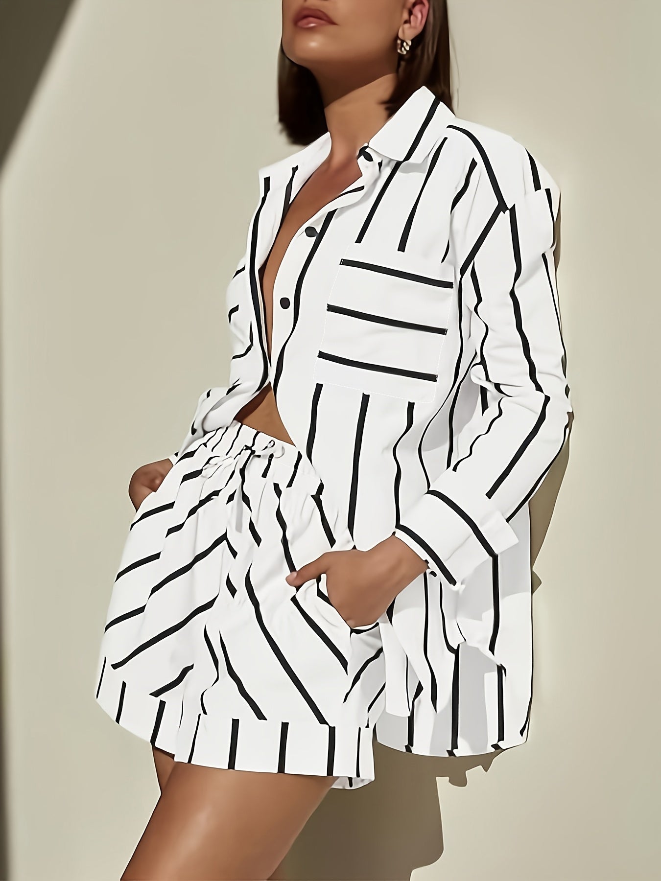 Chic Striped Patchwork Lapel Shirt  HighWaist Shorts Set