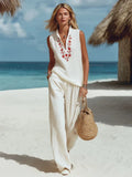 Flora | Floral Embroidered Top Wide-Leg Pants Set