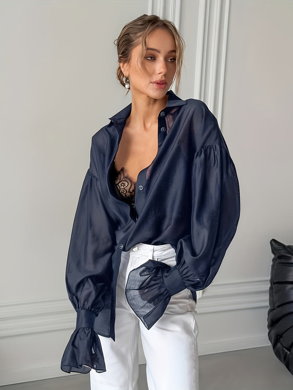 Sheer Bell Sleeve Loose Shirt