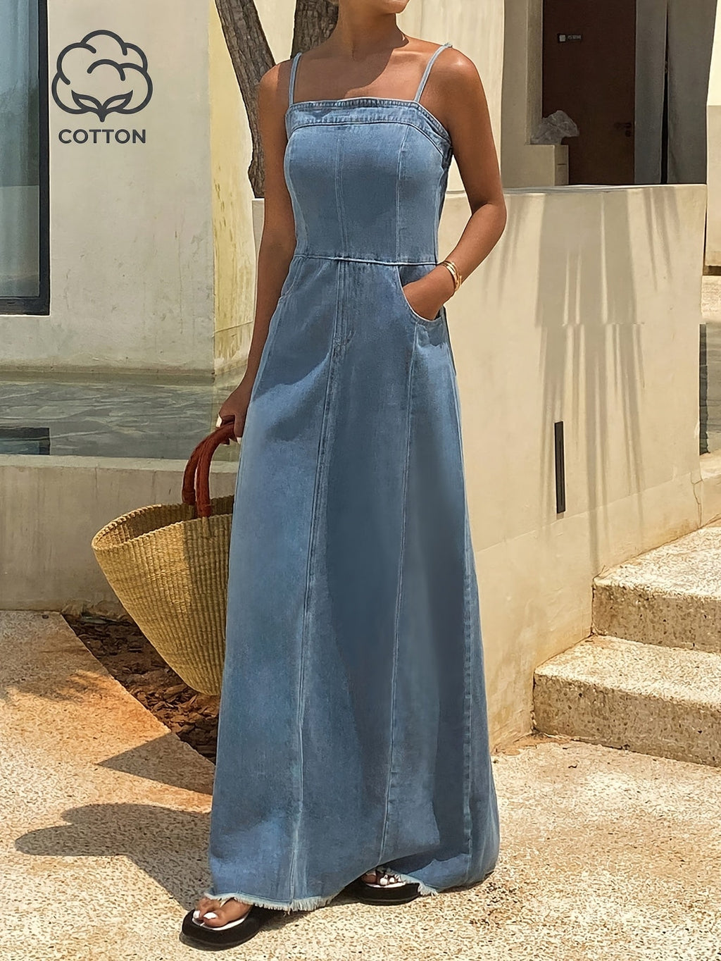 Distressed Denim Cami Maxi Dress
