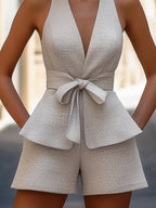 Nadette | Belted V-Neck Peplum Top Shorts Set