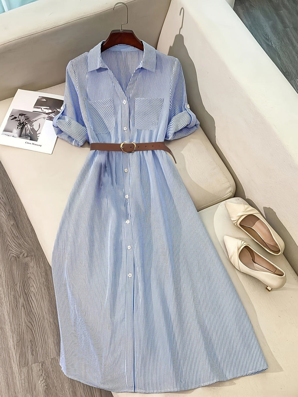 Striped Belted Shirt Dress