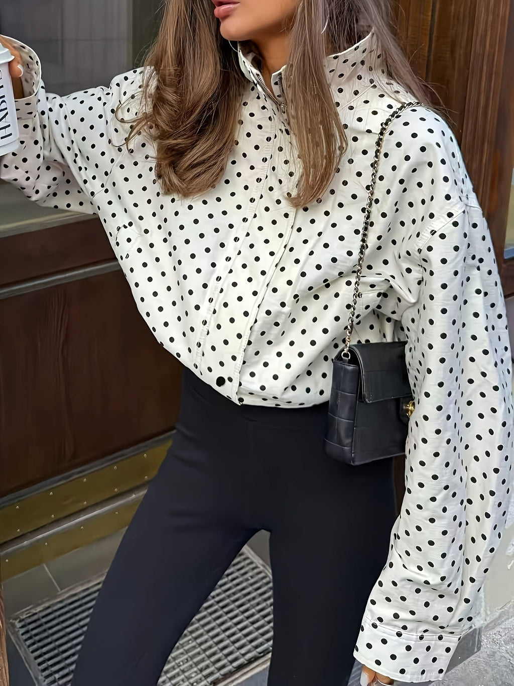 Polka Dot Stand Collar Jacket Chic  Playful Style