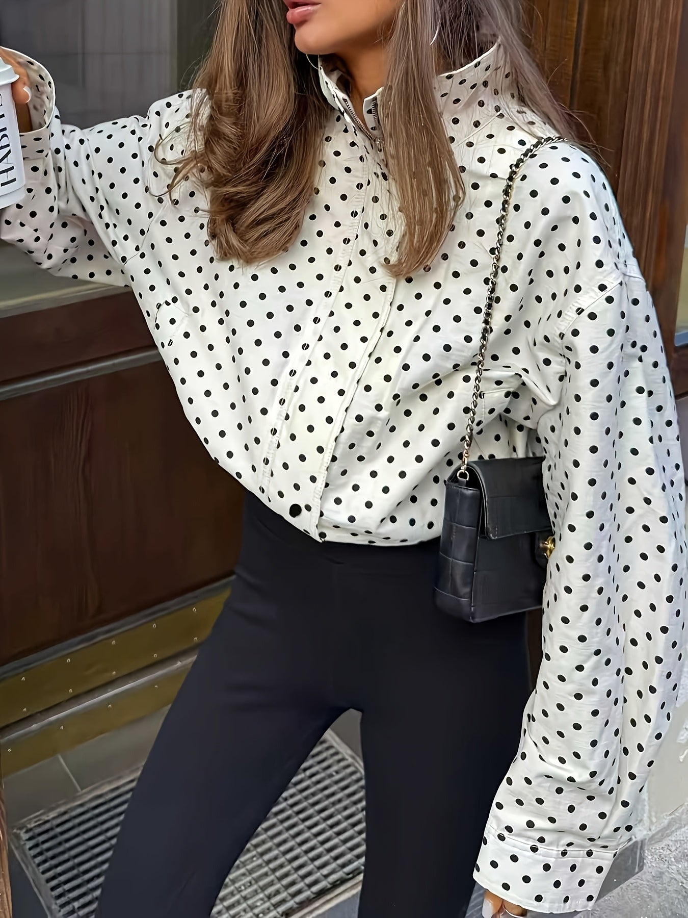 Polka Dot Stand Collar Jacket Chic  Playful Style