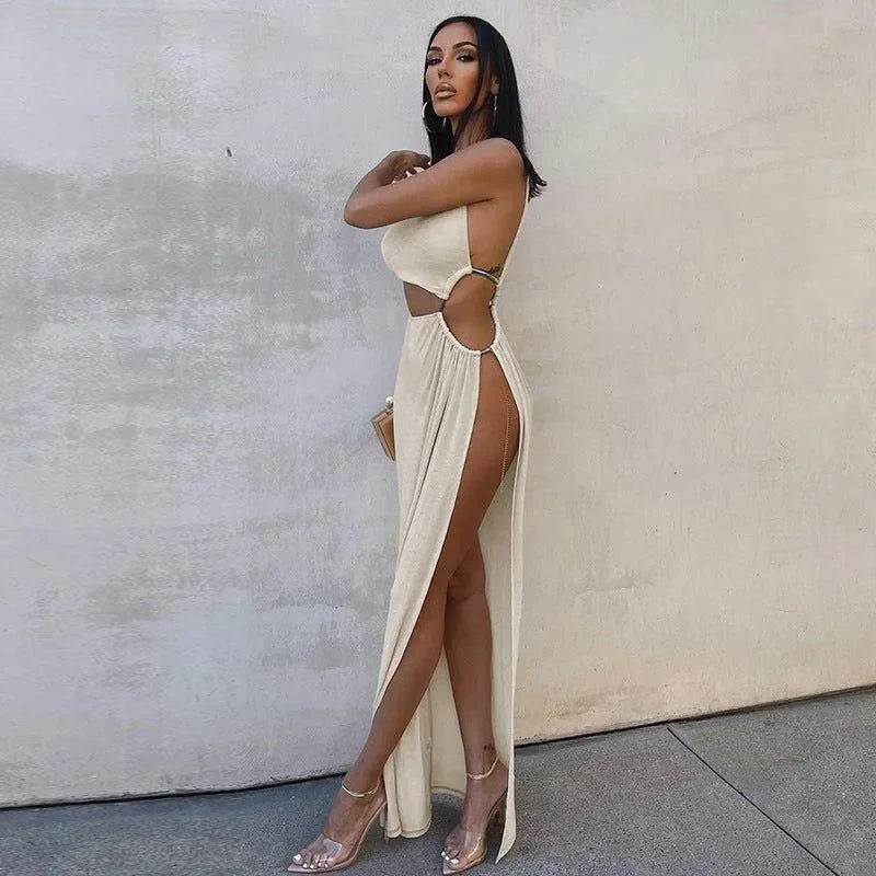 Castaway Asymmetric Cut Out High Split Maxi Dress