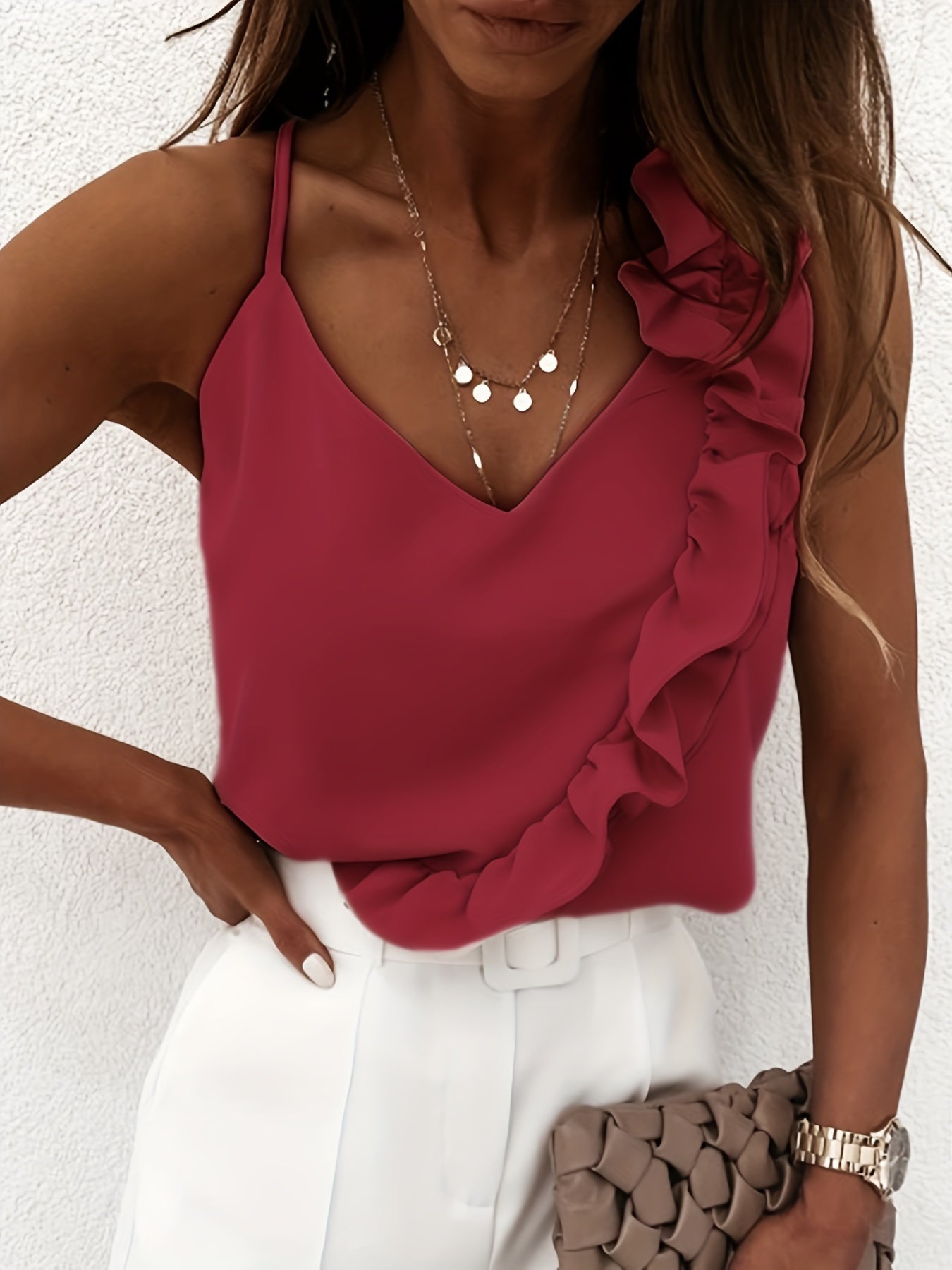 Elegant Ruffle VNeck Spaghetti Strap Summer Cami Top