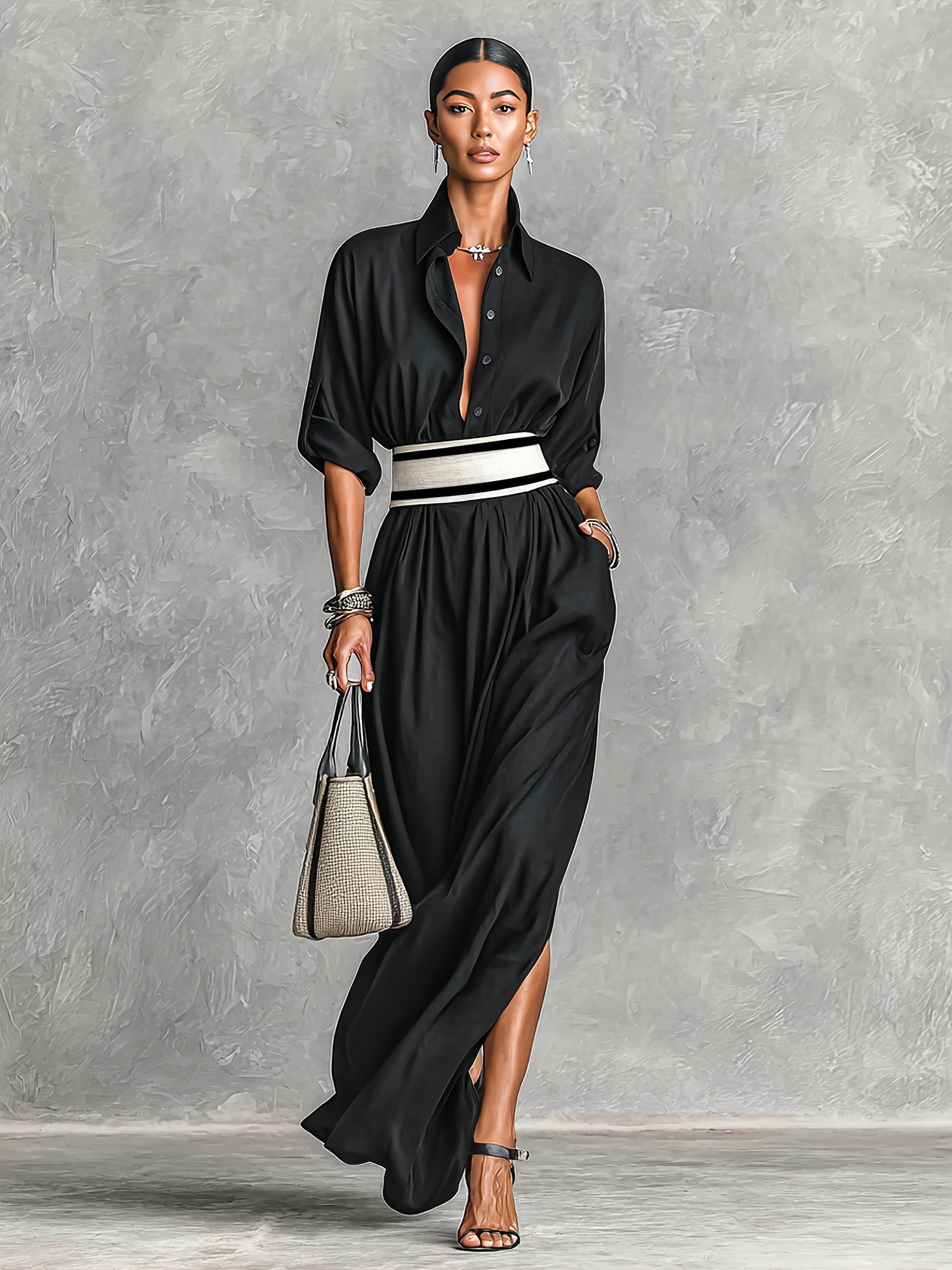 French Belted High-Slit Dress