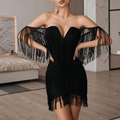 Celestial Chic Black Tassel Off-Shoulder Mini Dress