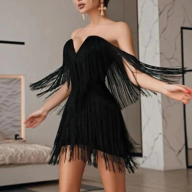 Celestial Chic Black Tassel Off-Shoulder Mini Dress
