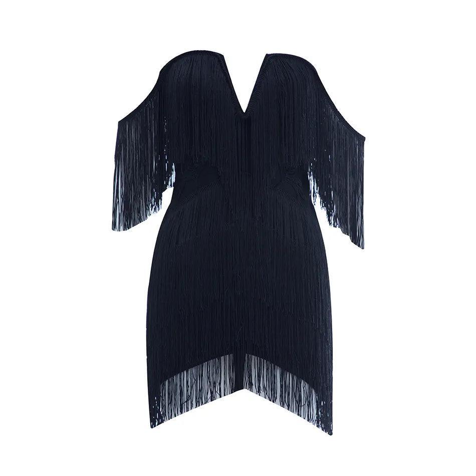 Celestial Chic Black Tassel Off-Shoulder Mini Dress