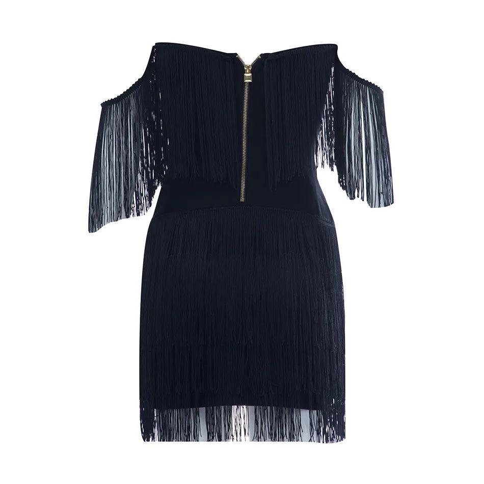 Celestial Chic Black Tassel Off-Shoulder Mini Dress