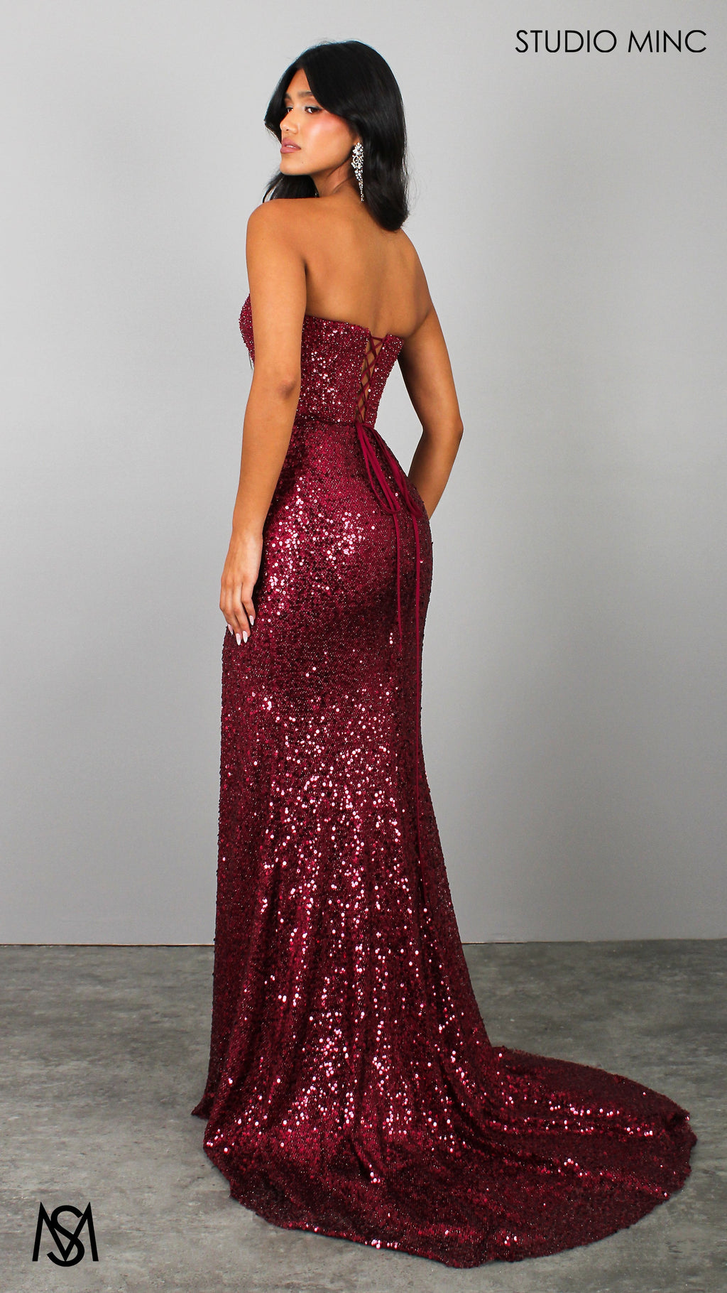 Elision - Cherry Red Formal Dress, Sequin and beaded Strapless corset, drop-waist fitted silhouette high leg slit
