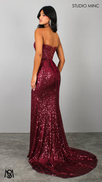 Elision - Cherry Red Formal Dress, Sequin and beaded Strapless corset, drop-waist fitted silhouette high leg slit