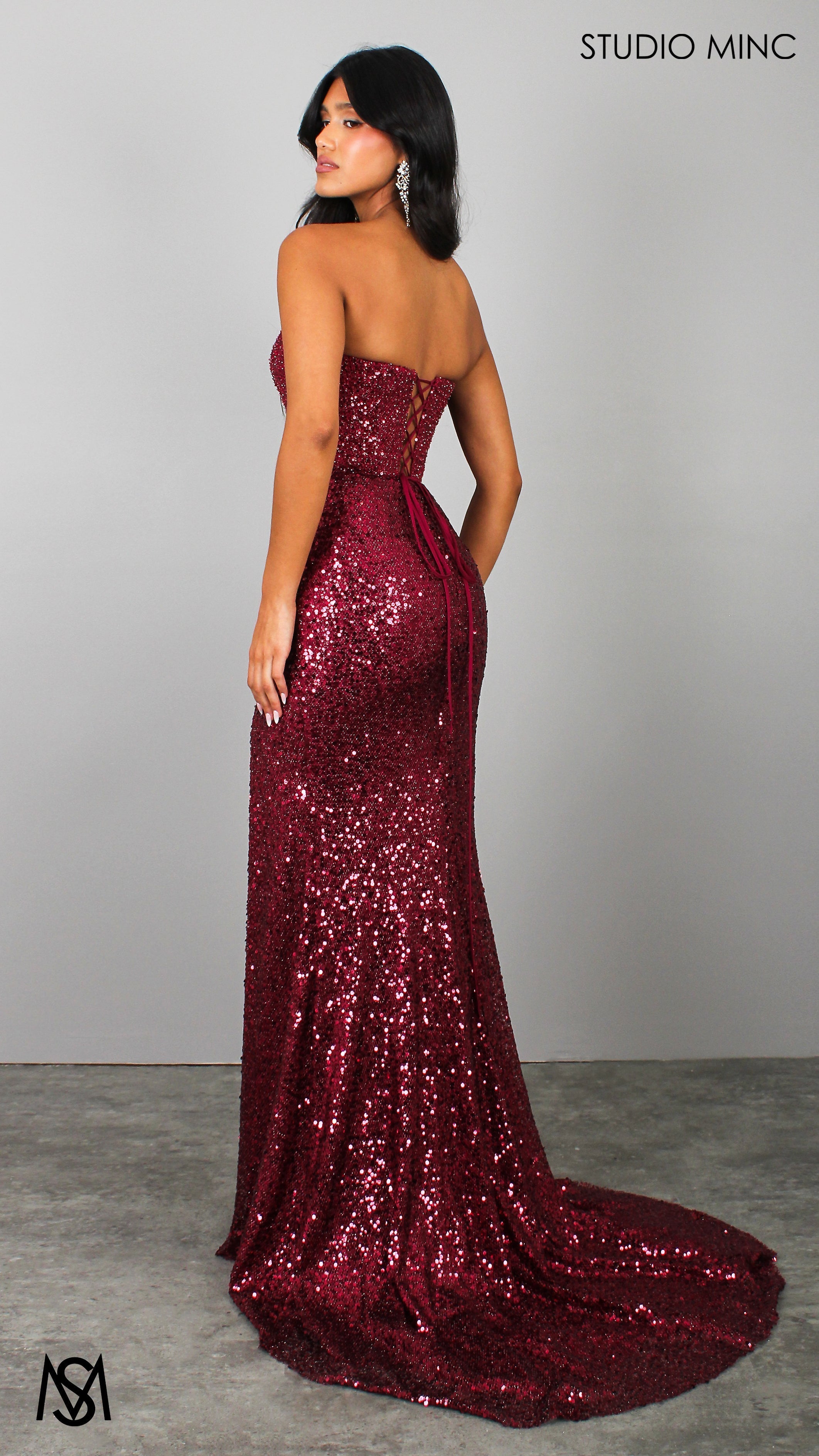 Elision - Cherry Red Formal Dress, Sequin and beaded Strapless corset, drop-waist fitted silhouette high leg slit