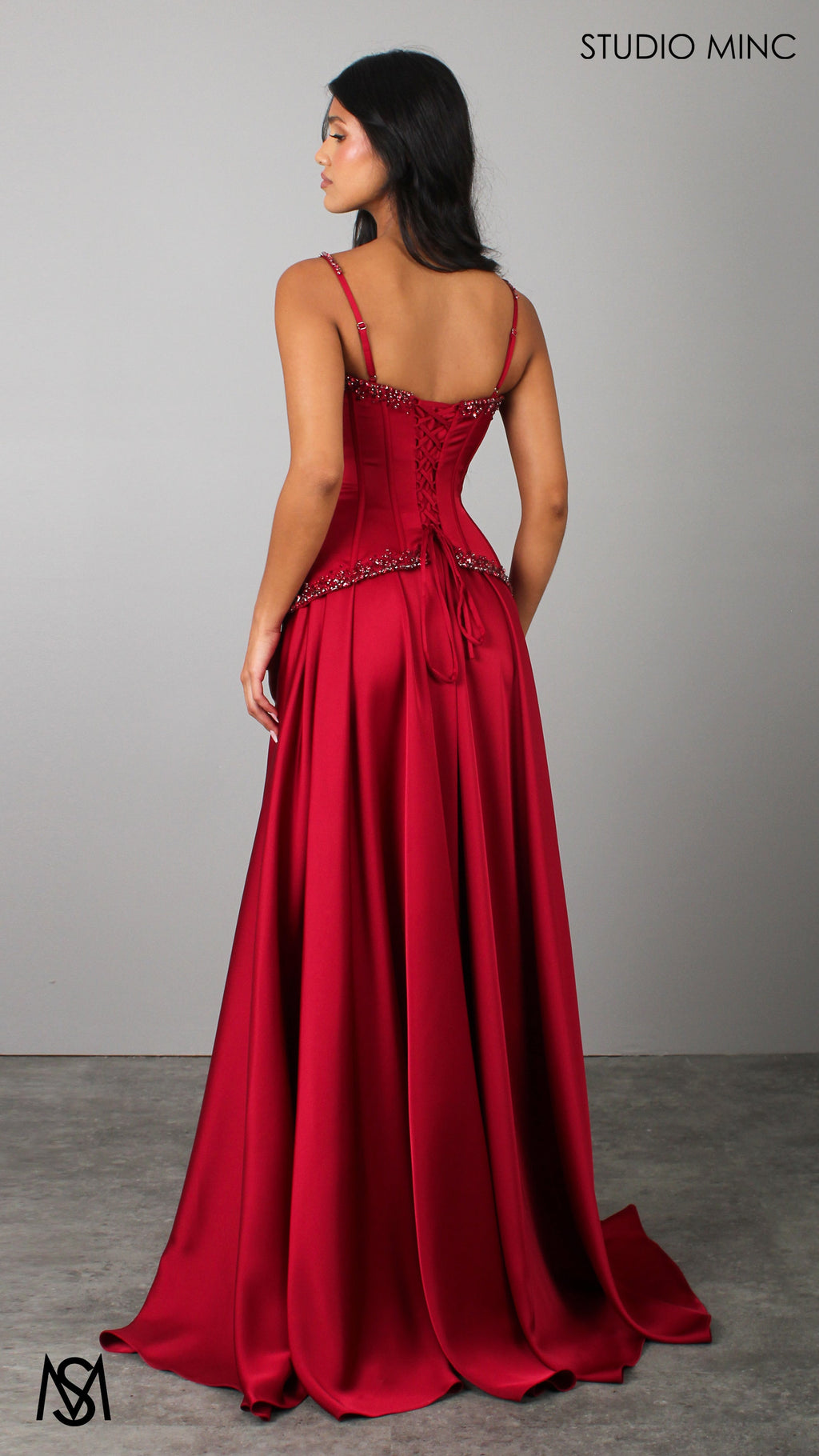 Idyllic - Cherry Deep Red Formal Dress two piece Set, drop-waist Corset, A-line Satin skirt