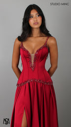Idyllic - Cherry Deep Red Formal Dress two piece Set, drop-waist Corset, A-line Satin skirt