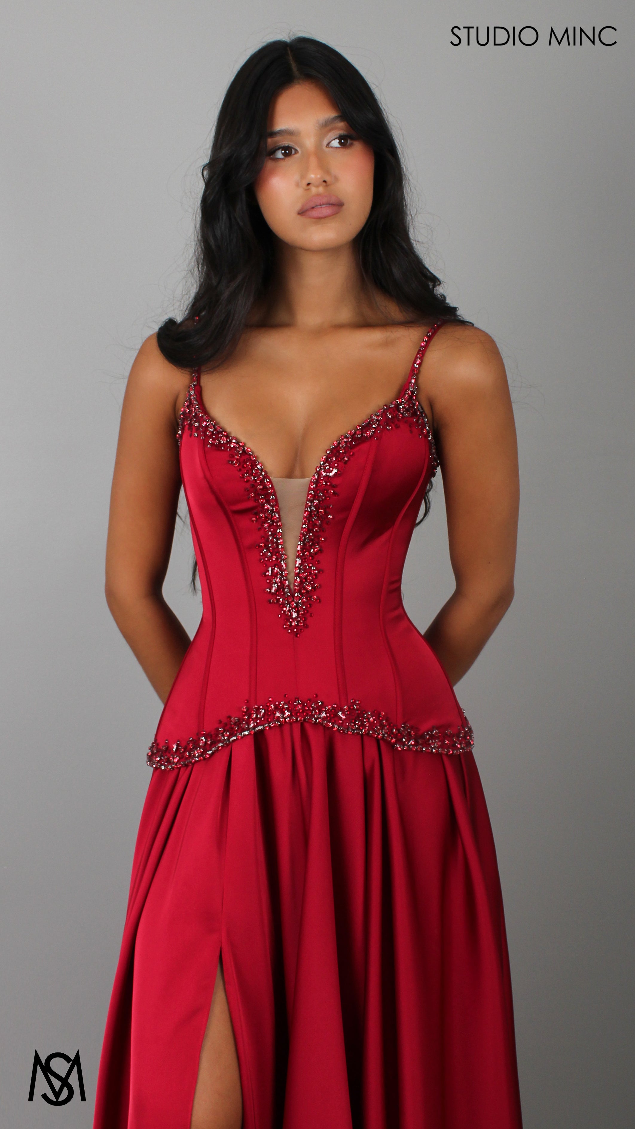 Idyllic - Cherry Deep Red Formal Dress two piece Set, drop-waist Corset, A-line Satin skirt