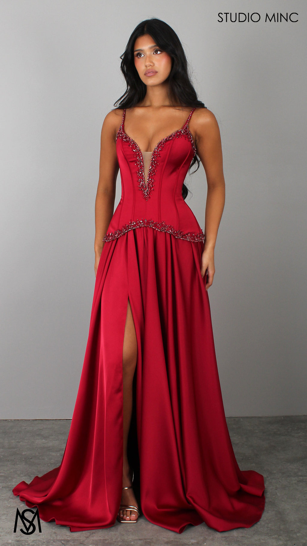 Idyllic - Cherry Deep Red Formal Dress two piece Set, drop-waist Corset, A-line Satin skirt