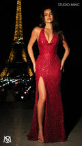 Rendezvous - Cherry Red Formal Dress, Sequin and beaded Cowl Plunge halter neck, fitted silhouette high leg slit