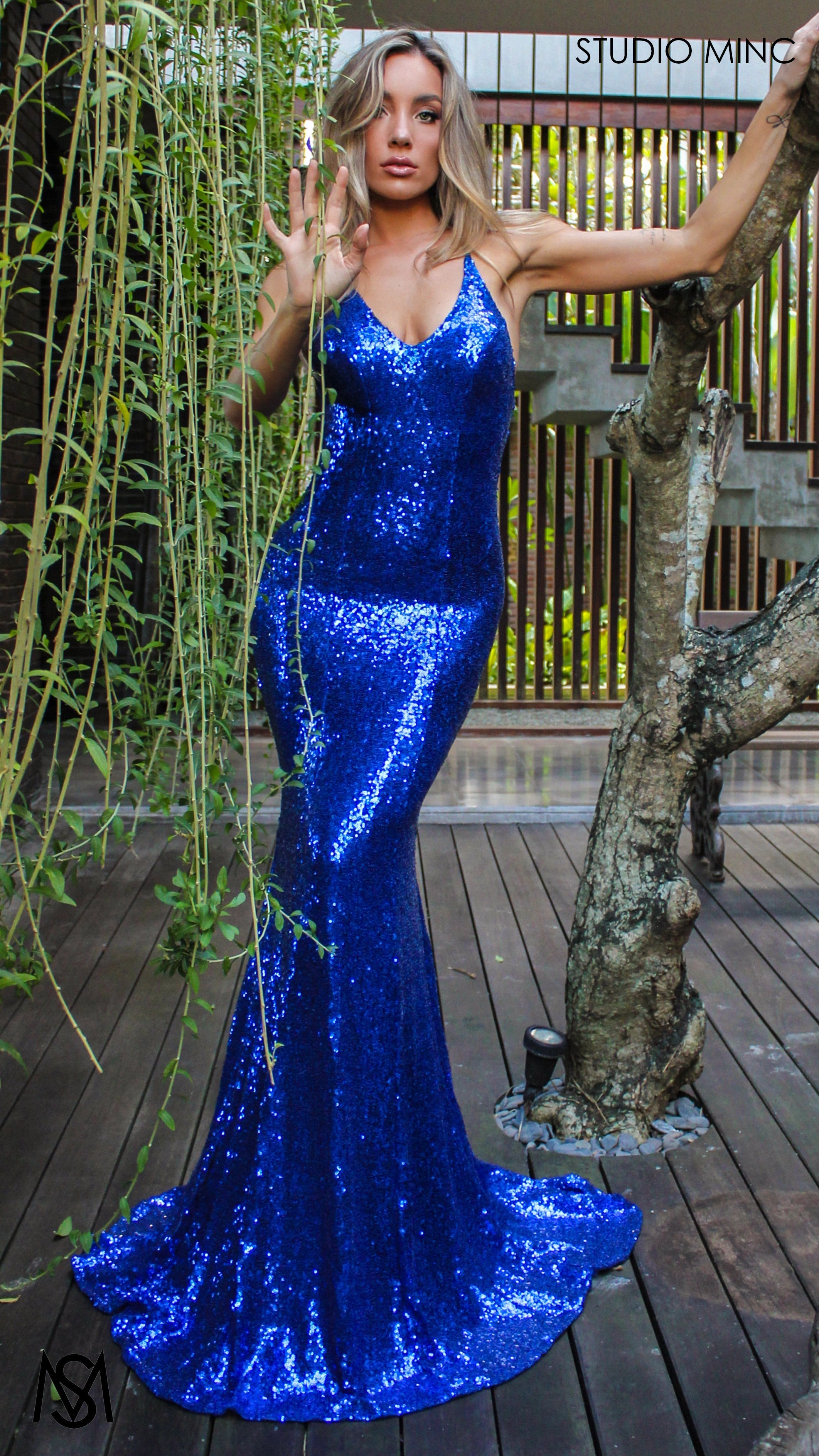 Angel - Cobalt Blue Formal Dress, Sequin V Neckline Backless embellished Fitted Mermaid