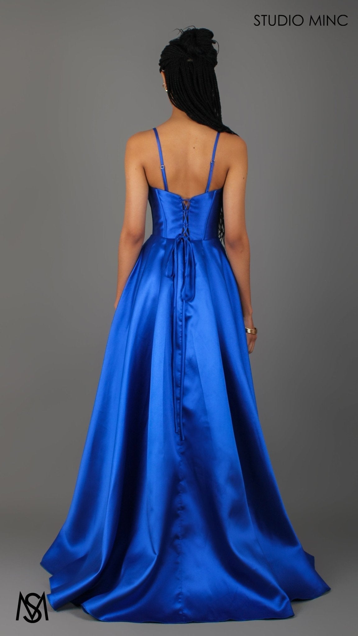 Capri - Cobalt Blue Formal Dress, satin strapless boned corset lace up gown pockets leg slit