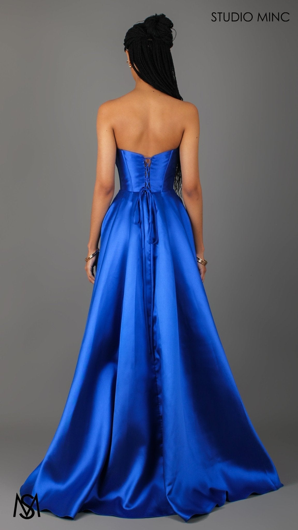 Capri - Cobalt Blue Formal Dress, satin strapless boned corset lace up gown pockets leg slit