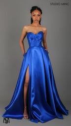 Capri - Cobalt Blue Formal Dress, satin strapless boned corset lace up gown pockets leg slit