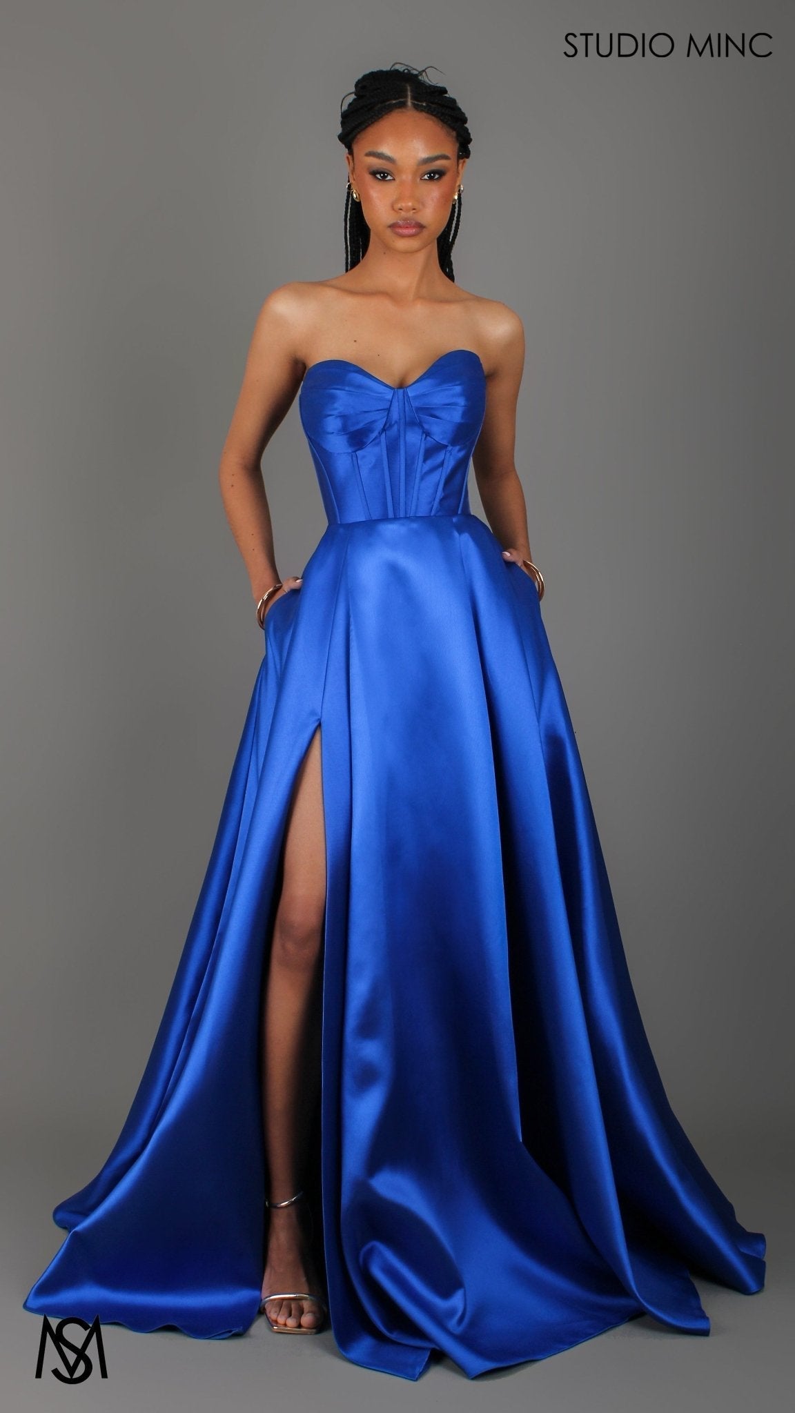 Capri - Cobalt Blue Formal Dress, satin strapless boned corset lace up gown pockets leg slit